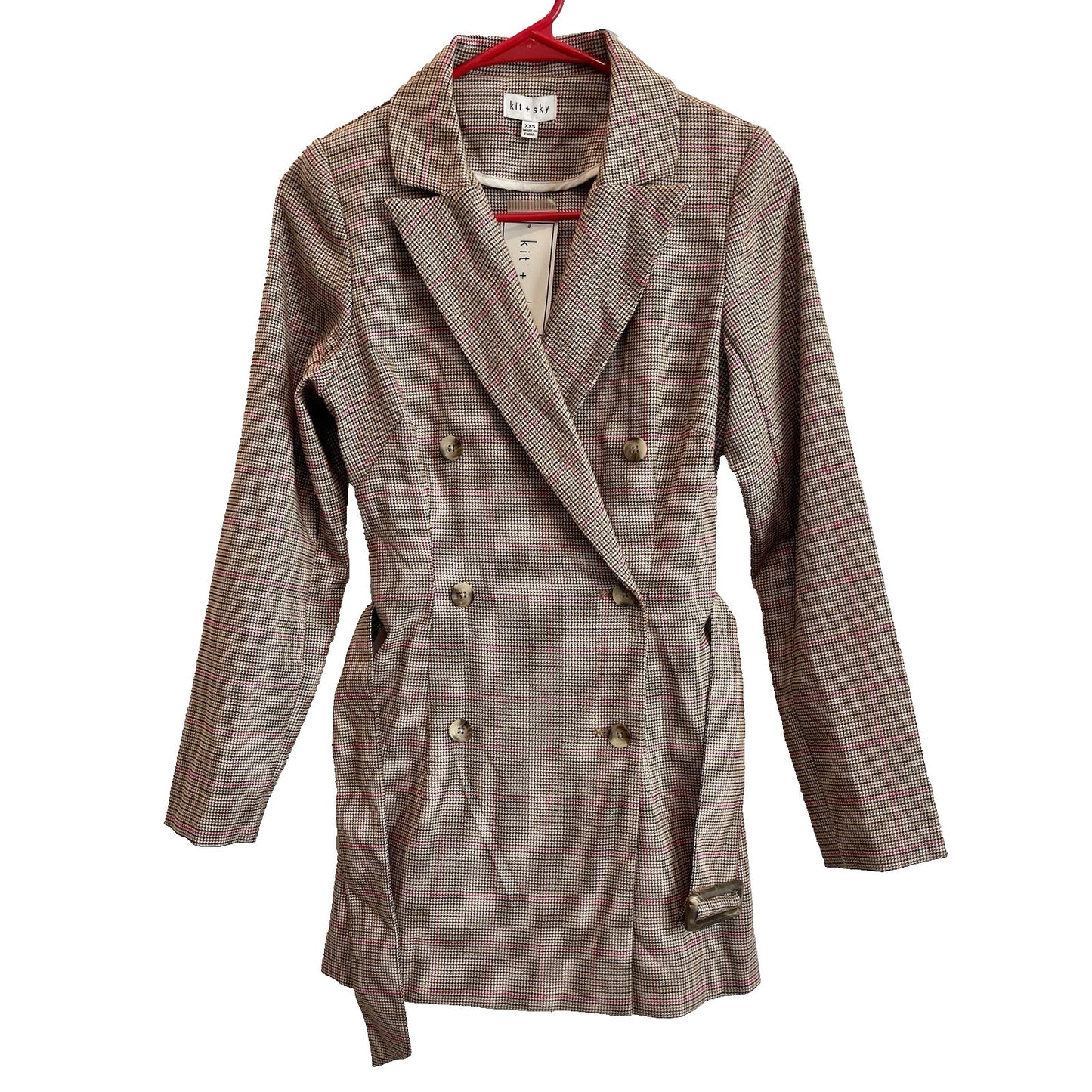 Kit & Sky Juniors Plaid Blazer Dress Size XXS Brown Pink Long Sleeve🤎NEW🩷 Cute