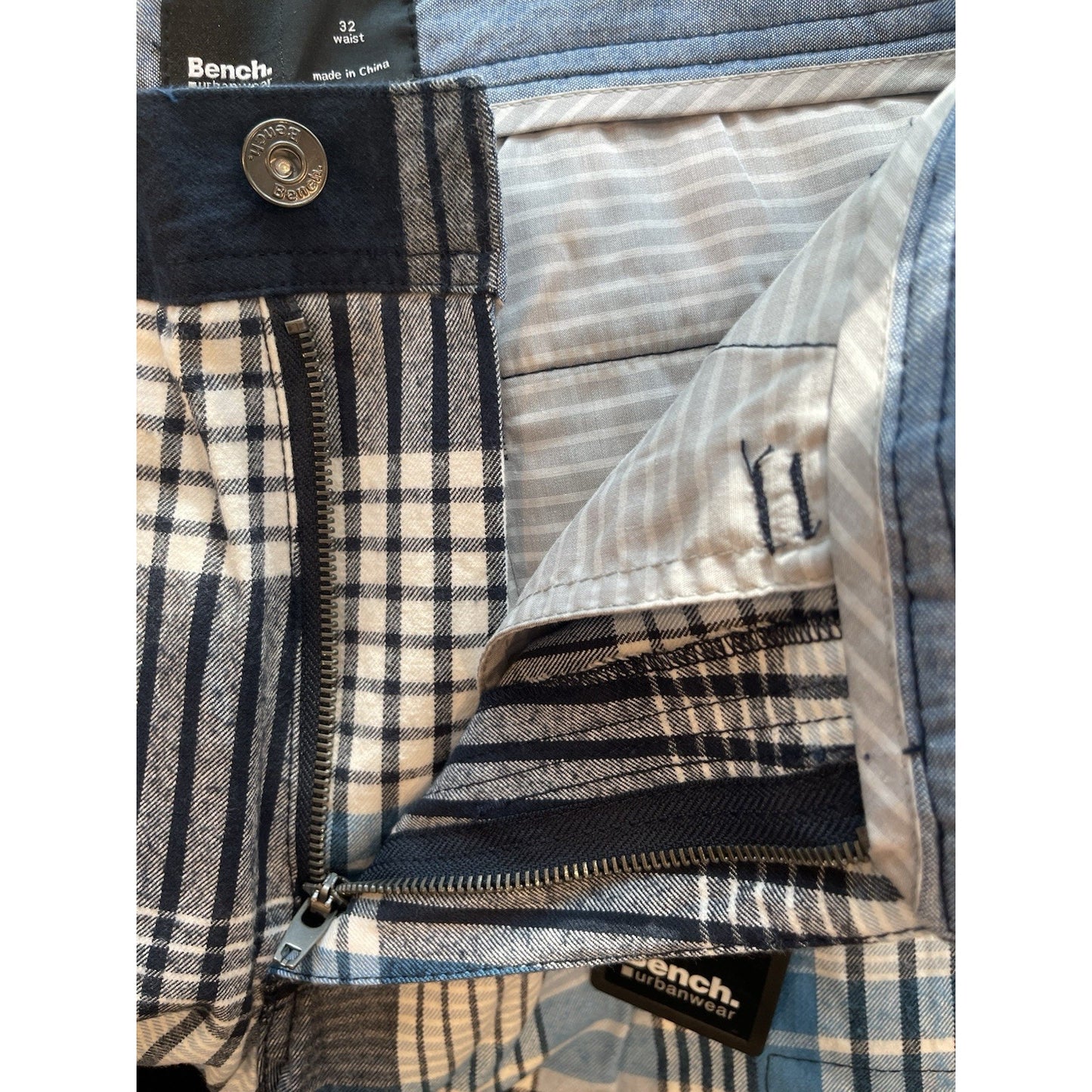 Men's Bench Urbanwear Cargo Shorts Size 32 Plaid Blue 🔥NEW🔥Snap Pockets Adjust
